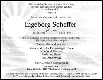 Traueranzeige von Ingeborg Scheffer von Tageszeitung