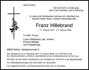 Traueranzeige von Franz Hillebrand von Tageszeitung