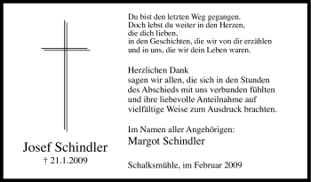 Traueranzeige von Josef Schindler von Tageszeitung
