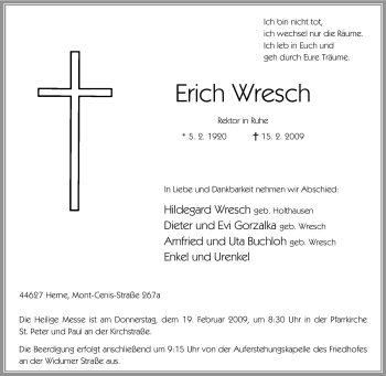 Traueranzeige von Erich Wresch von Tageszeitung