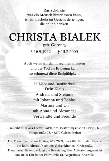 Traueranzeige von Christa Bialek von Tageszeitung
