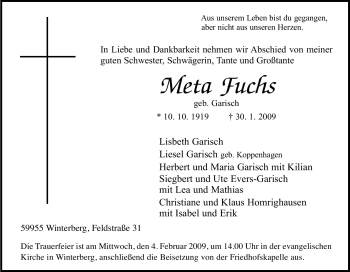 Traueranzeige von Meta Fuchs von Tageszeitung