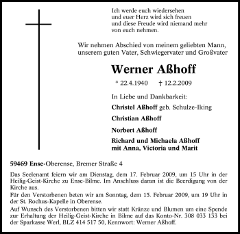 Traueranzeige von Werner Aßhoff von Tageszeitung