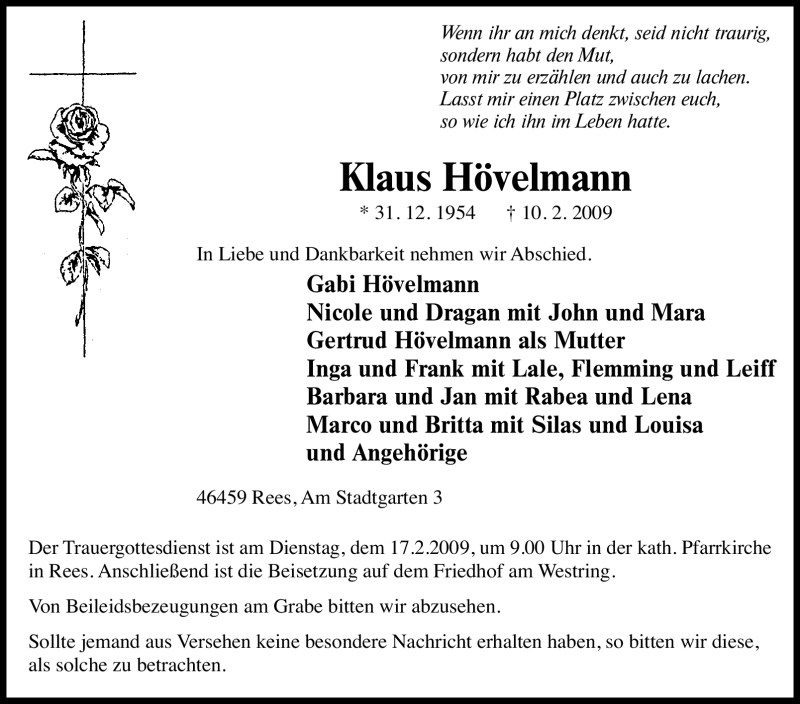  Traueranzeige für Klaus Hövelmann vom 12.02.2009 aus Tageszeitung