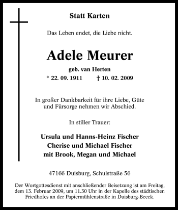 Traueranzeige von Adele Meurer von Tageszeitung