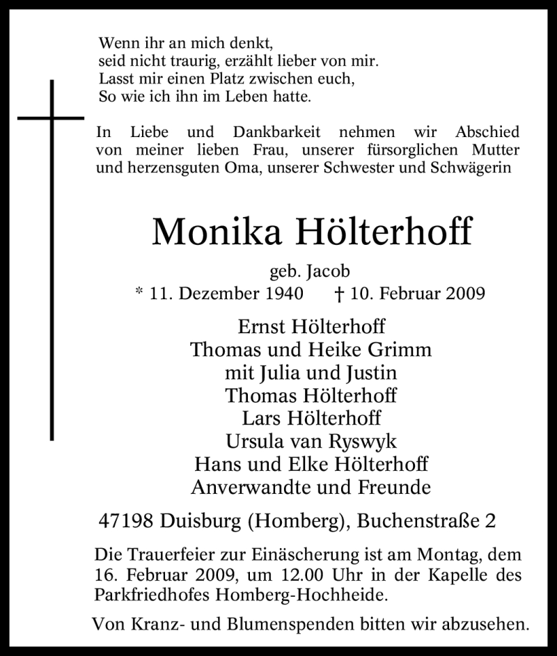  Traueranzeige für Monika Hölterhoff vom 13.02.2009 aus Tageszeitung