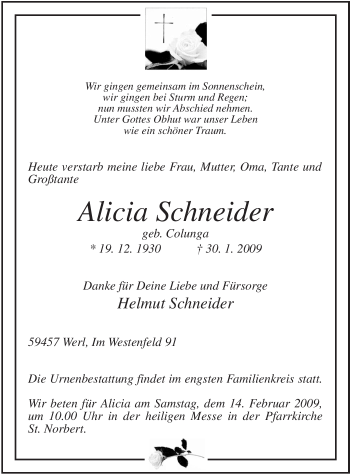 Traueranzeige von Alicia Schneider von Tageszeitung