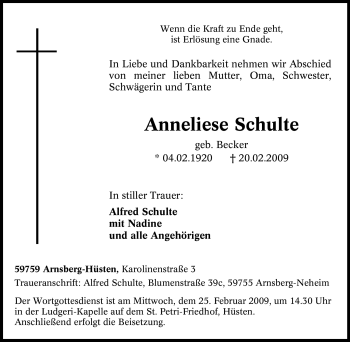 Traueranzeige von Anneliese Schulte von Tageszeitung