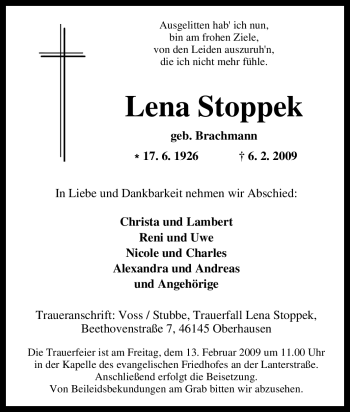 Traueranzeigen von Lena Stoppek TrauerinNRW.de
