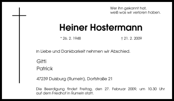 Traueranzeige von Heiner Hostermann von Tageszeitung