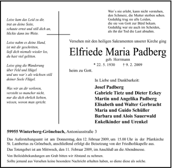 Traueranzeige von Elfriede Maria Padberg von Tageszeitung