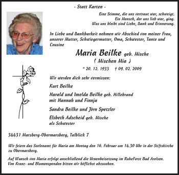 Traueranzeige von Maria Beilke von Tageszeitung