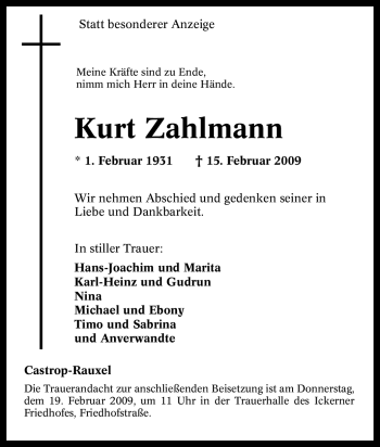 Traueranzeige von Kurt Zahlmann von Tageszeitung