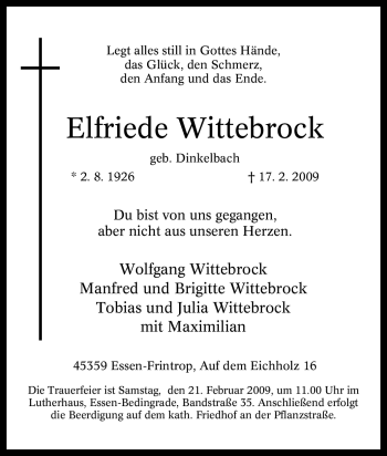Traueranzeige von Elfriede Wittebrock von Tageszeitung