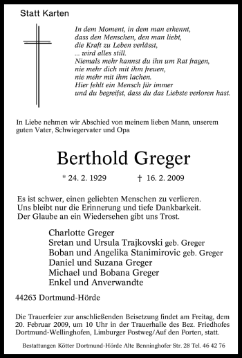 Traueranzeige von Berthold Greger von Tageszeitung