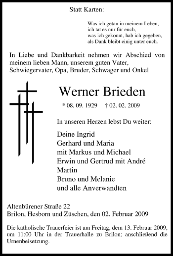 Traueranzeige von Werner Brieden von Tageszeitung