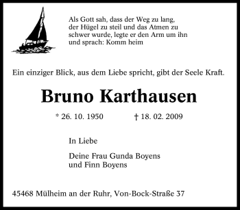 Traueranzeige von Bruno Karthausen von Tageszeitung