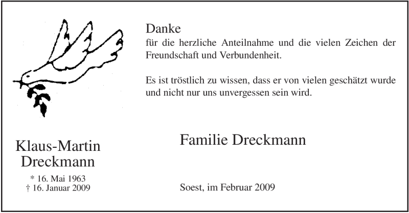  Traueranzeige für Klaus-Martin Dreckmann vom 07.02.2009 aus Tageszeitung