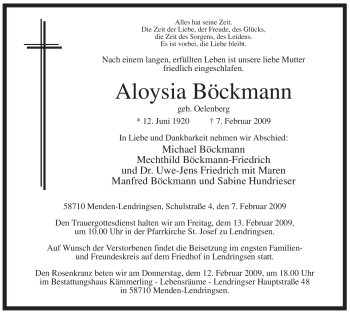 Traueranzeige von Aloysia Böckmann von Tageszeitung