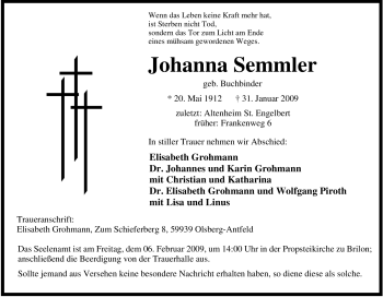 Traueranzeige von Johanna Semmler von Tageszeitung