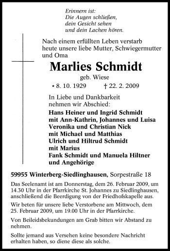 Traueranzeige von Marlies Schmidt von Tageszeitung