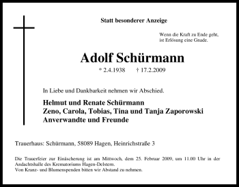 Traueranzeige von Adolf Schürmann von Tageszeitung