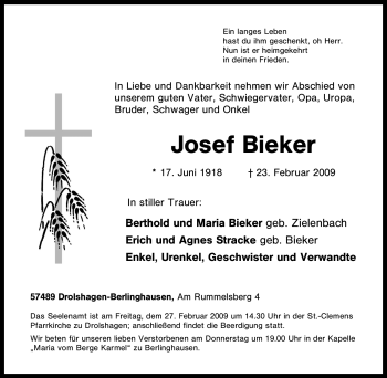 Traueranzeige von Josef Bieker von Tageszeitung