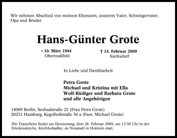 Traueranzeige von Hans-Günter Grote von Tageszeitung