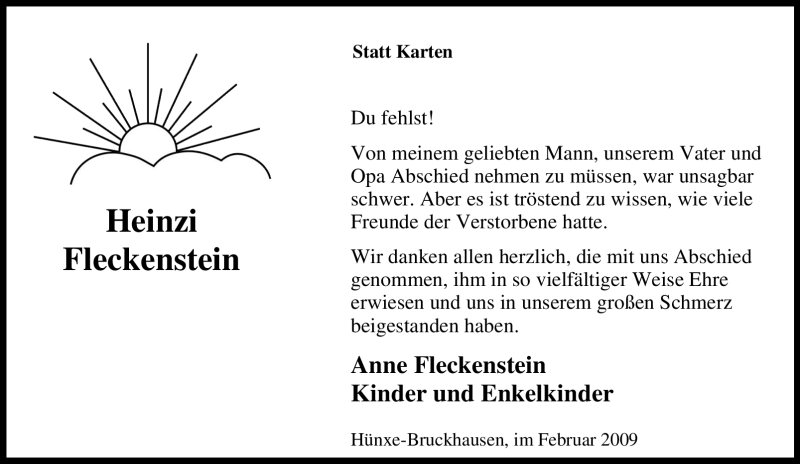 Traueranzeige für Heinzi Fleckenstein vom 14.02.2009 aus Tageszeitung