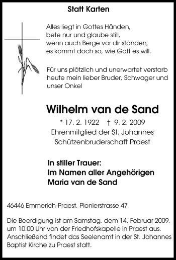 Traueranzeige von Wilhelm van de Sand von Tageszeitung