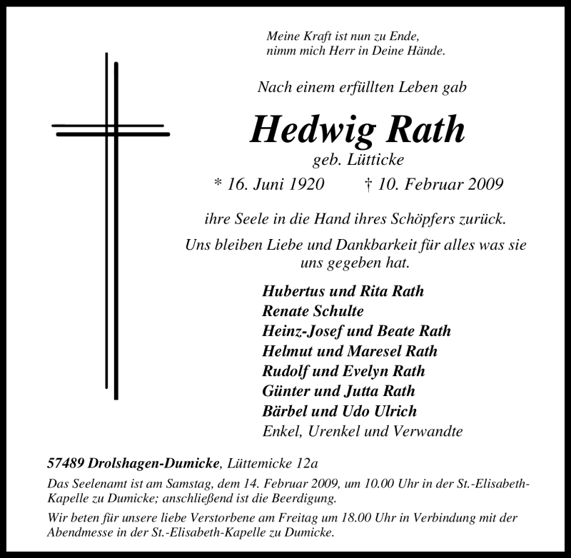  Traueranzeige für Hedwig Rath vom 12.02.2009 aus Tageszeitung