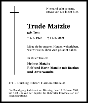 Traueranzeige von Trude Matzke von Tageszeitung