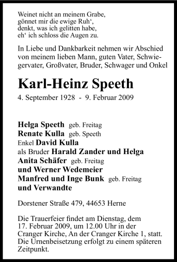 Traueranzeige von Karl-Heinz Speeth von Tageszeitung