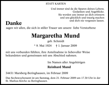 Traueranzeige von Margaretha Mund von Tageszeitung