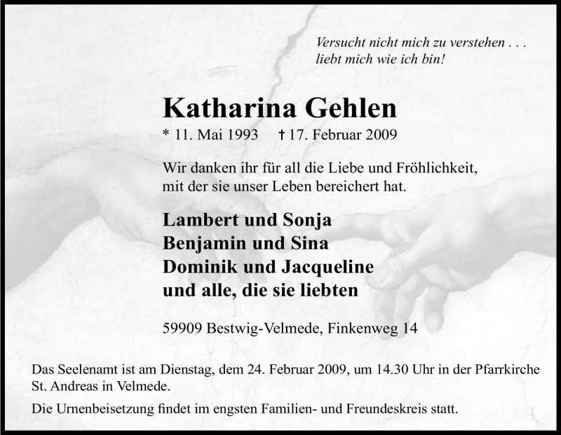  Traueranzeige für Katharina Gehlen vom 21.02.2009 aus Tageszeitung