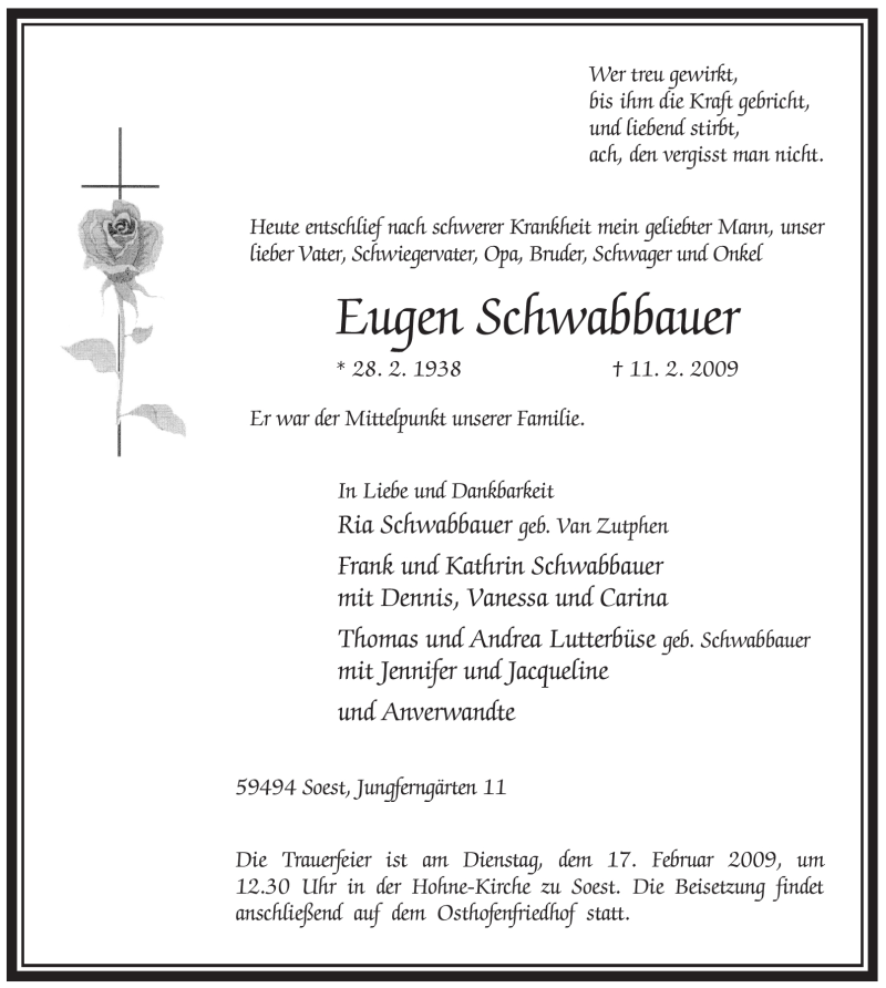  Traueranzeige für Eugen Schwabbauer vom 14.02.2009 aus Tageszeitung