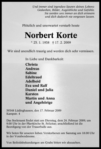 Traueranzeige von Norbert Korte von Tageszeitung
