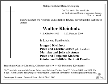 Traueranzeige von Walter Kleinholz von Tageszeitung