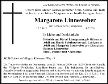 Traueranzeige von Margarete Linneweber von Tageszeitung