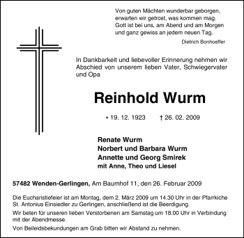 Traueranzeige von Reinhold Wurm von Tageszeitung