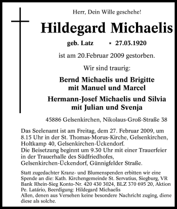 Traueranzeige von Hildegard Michaelis von Tageszeitung