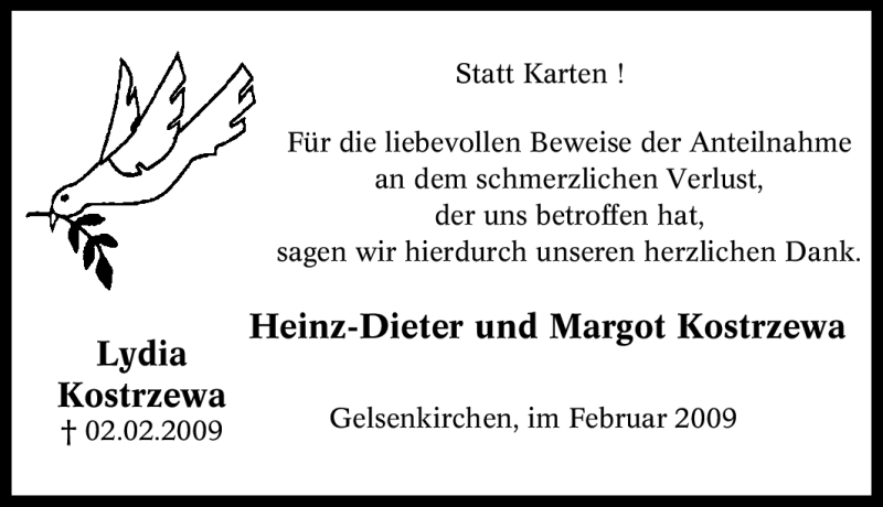 Traueranzeige für Lydia Kostrzewa vom 20.02.2009 aus Tageszeitung