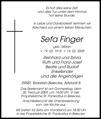 Traueranzeige von Sefa Finger von Tageszeitung