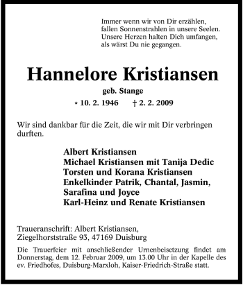Traueranzeige von Hannelore Kristiansen von Tageszeitung