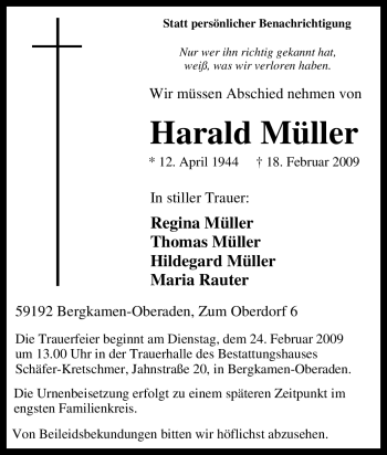 Traueranzeige von Harald Müller von Tageszeitung