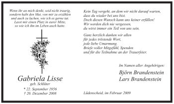 Traueranzeige von Gabriela Lisse von Tageszeitung