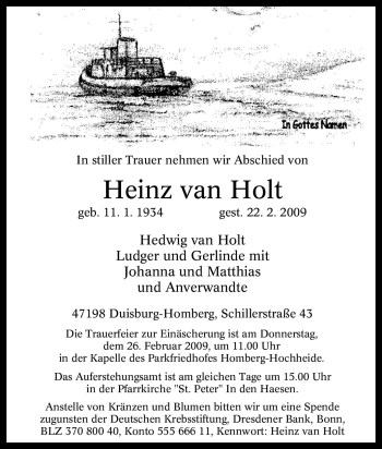 Traueranzeige von Heinz van Holt von Tageszeitung