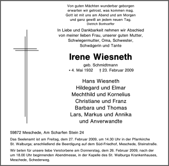 Traueranzeige von Irene Wiesneth von Tageszeitung