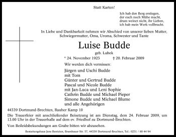 Traueranzeige von Luise Budde von Tageszeitung