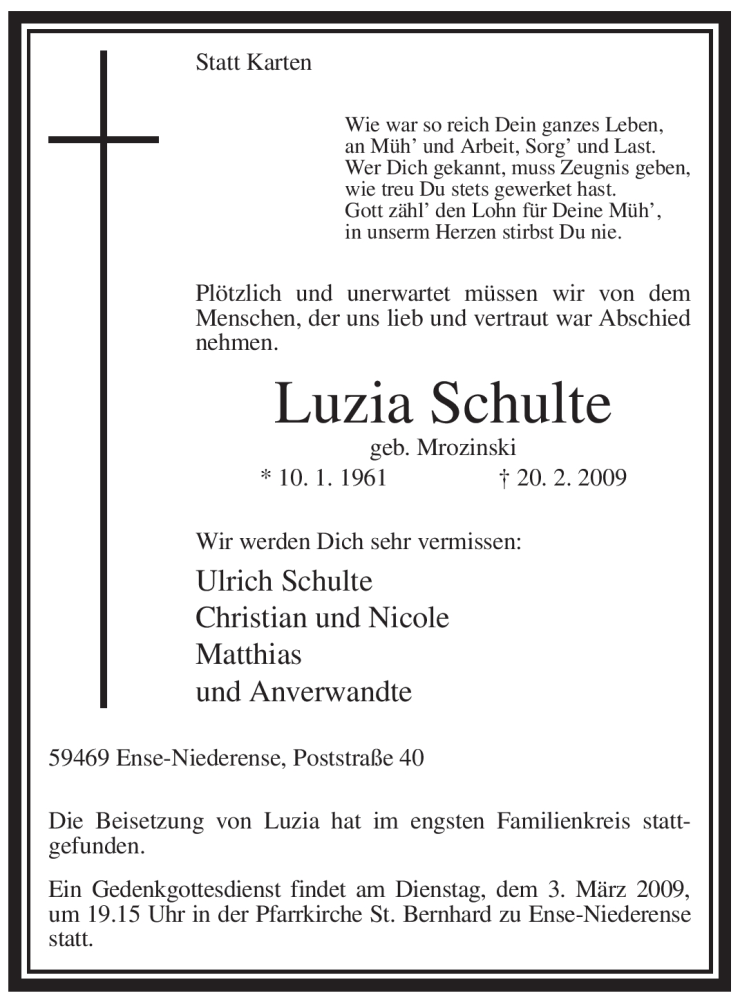  Traueranzeige für Luzia Schulte vom 28.02.2009 aus Tageszeitung